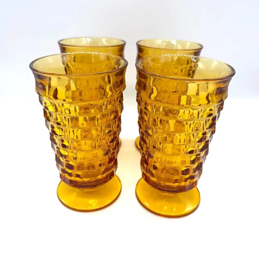 Vtg Indiana Glass Colony Whitehall Cubist Set of 4 Amber Footed Iced Tea Glasses